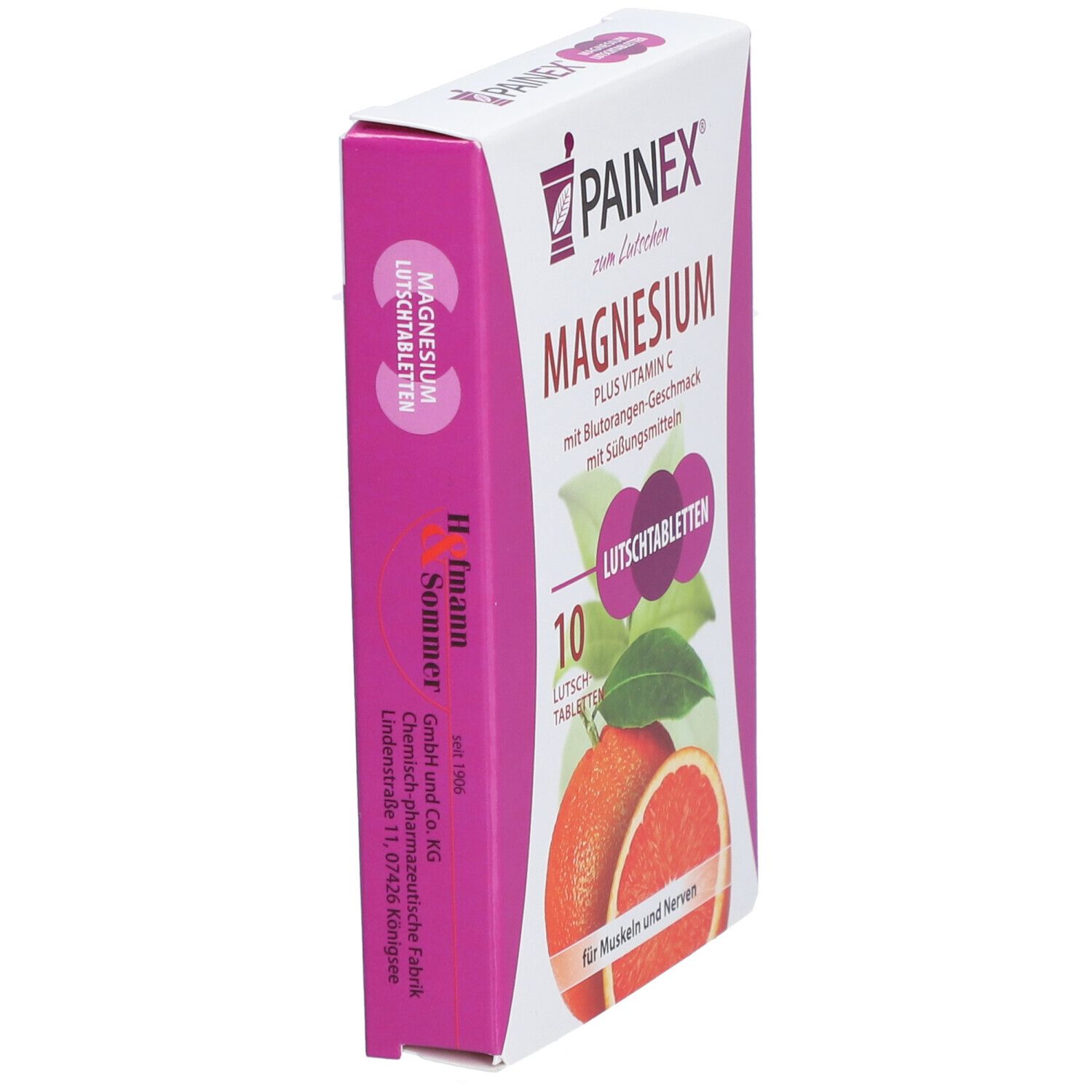 Schrägansicht der PAINEX® MAGNESIUM + Vitamin C Verpackung. Zeigt Produktnamen und eine Orange.
