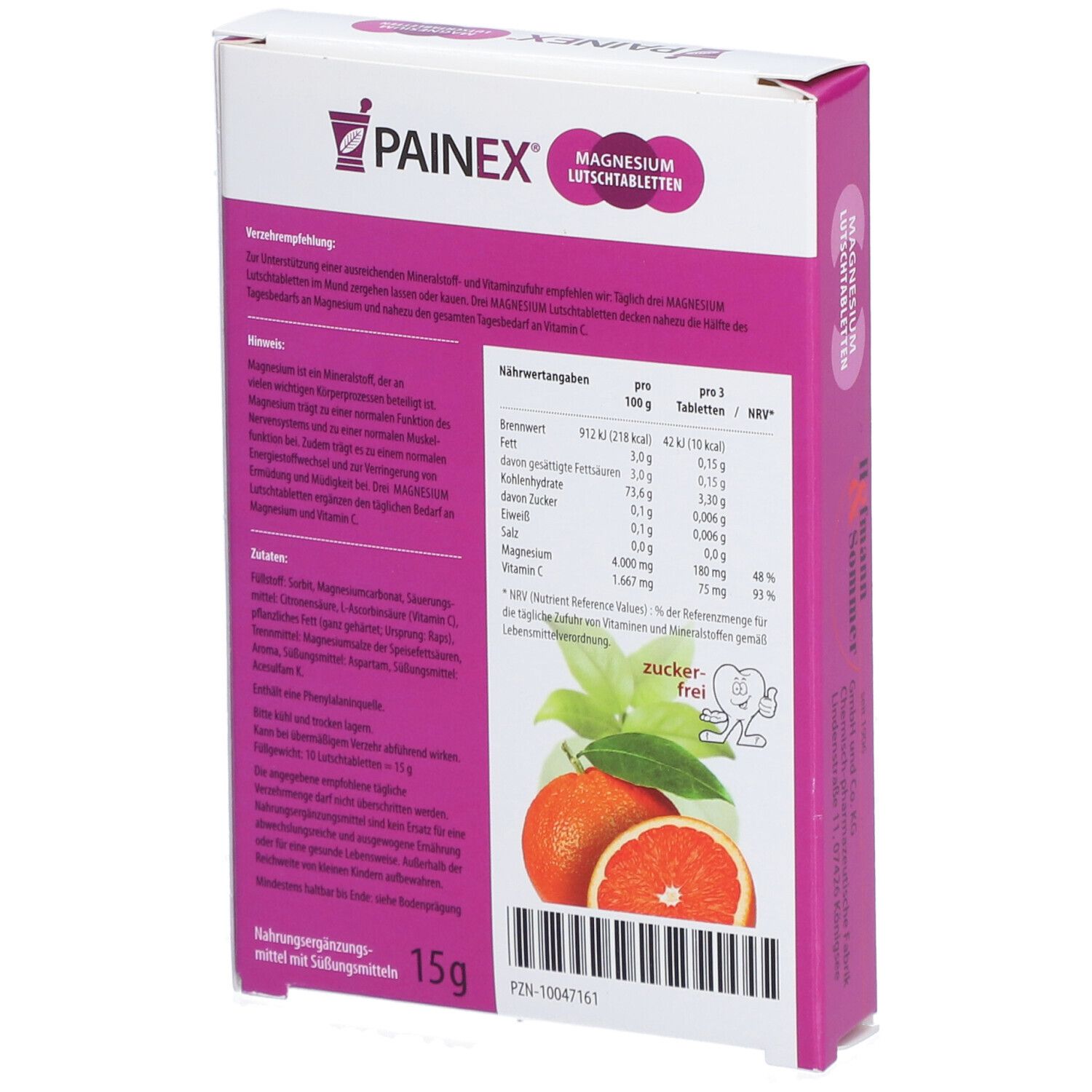 Rückseite der PAINEX® MAGNESIUM + Vitamin C Verpackung. Enthält Nährwertangaben und Zutaten.