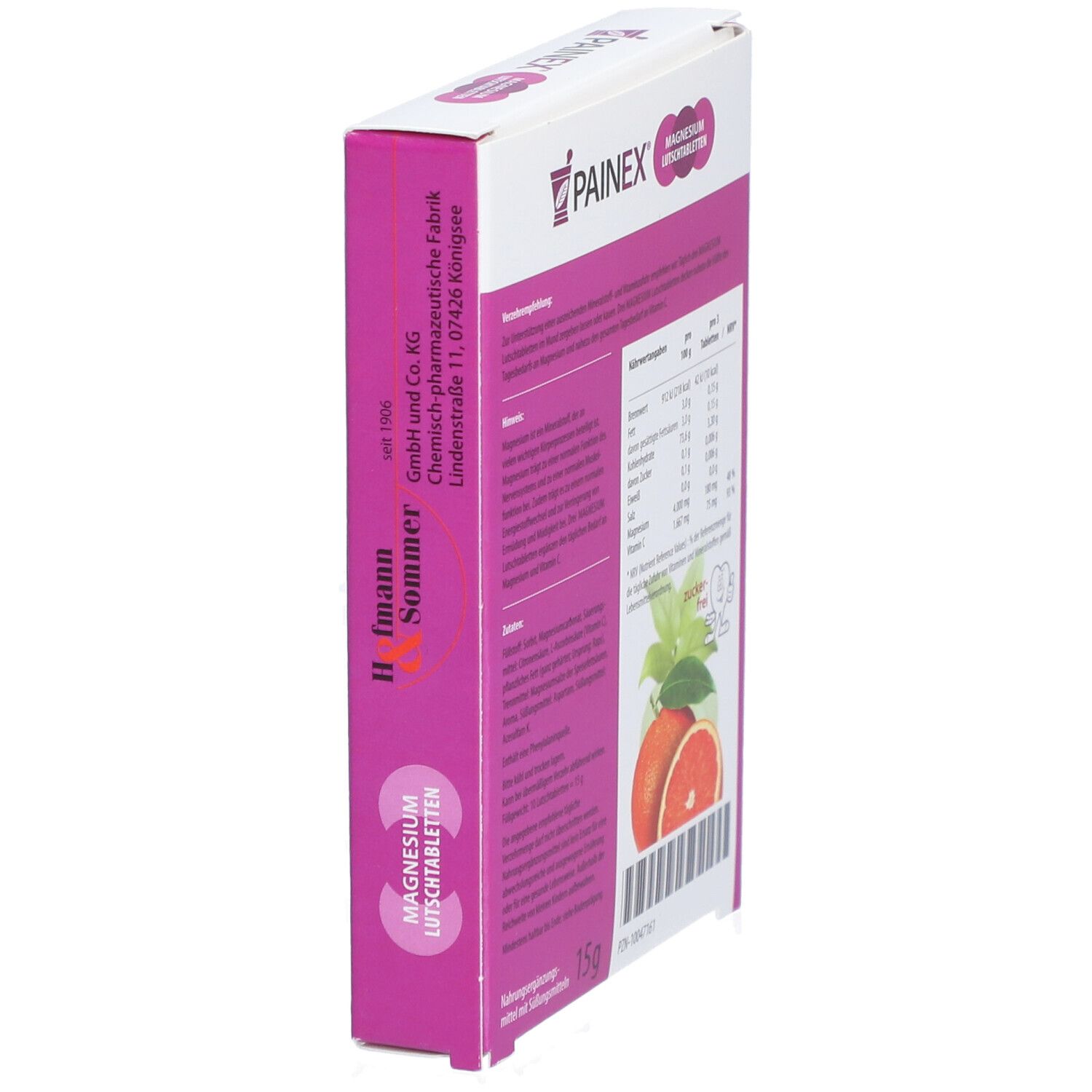 Schrägansicht der PAINEX® MAGNESIUM + Vitamin C Verpackung. Zeigt Produktinformationen und Nährwertangaben.