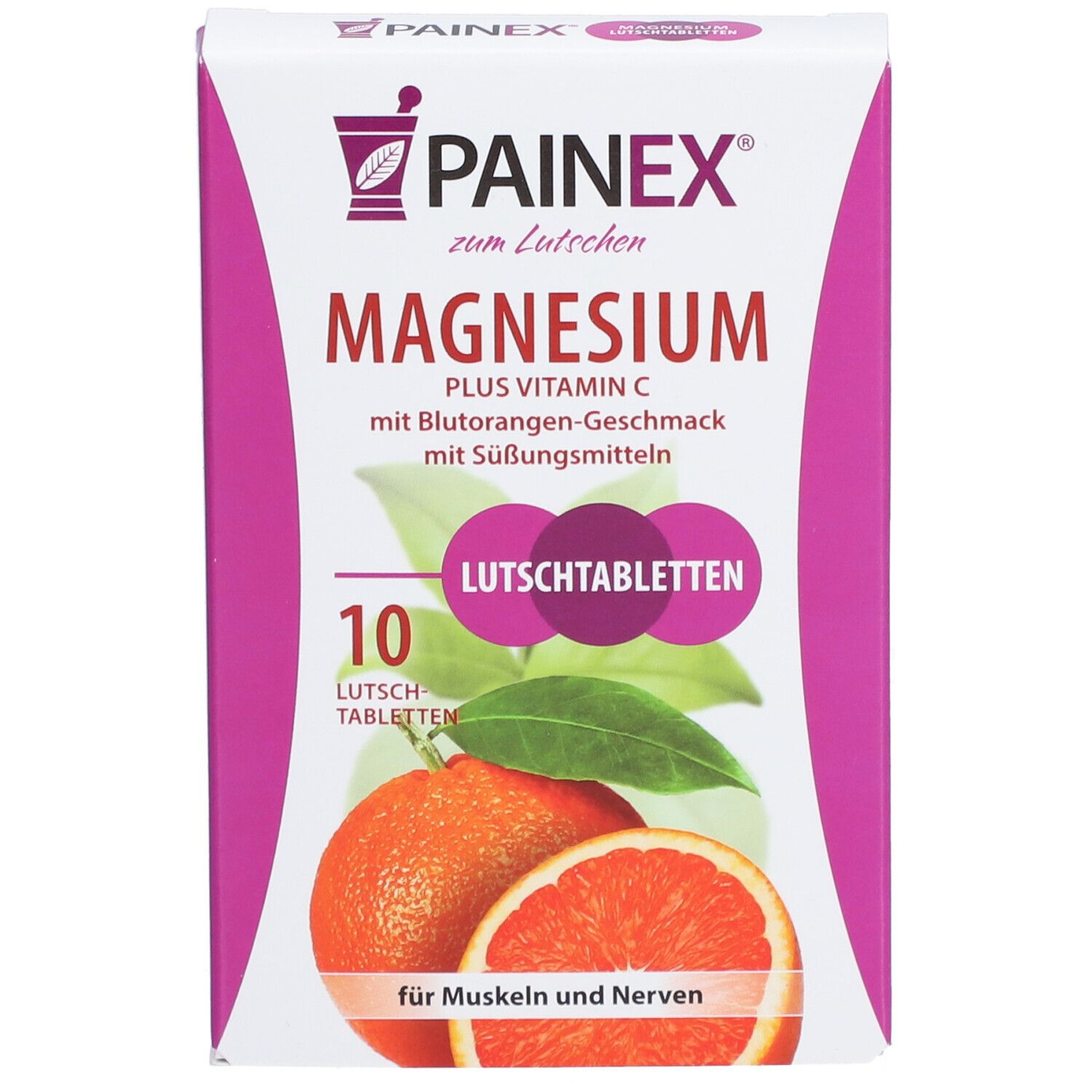 Vorderansicht der PAINEX® MAGNESIUM + Vitamin C Verpackung. Zeigt Produktnamen, Orange und Tablettenanzahl.