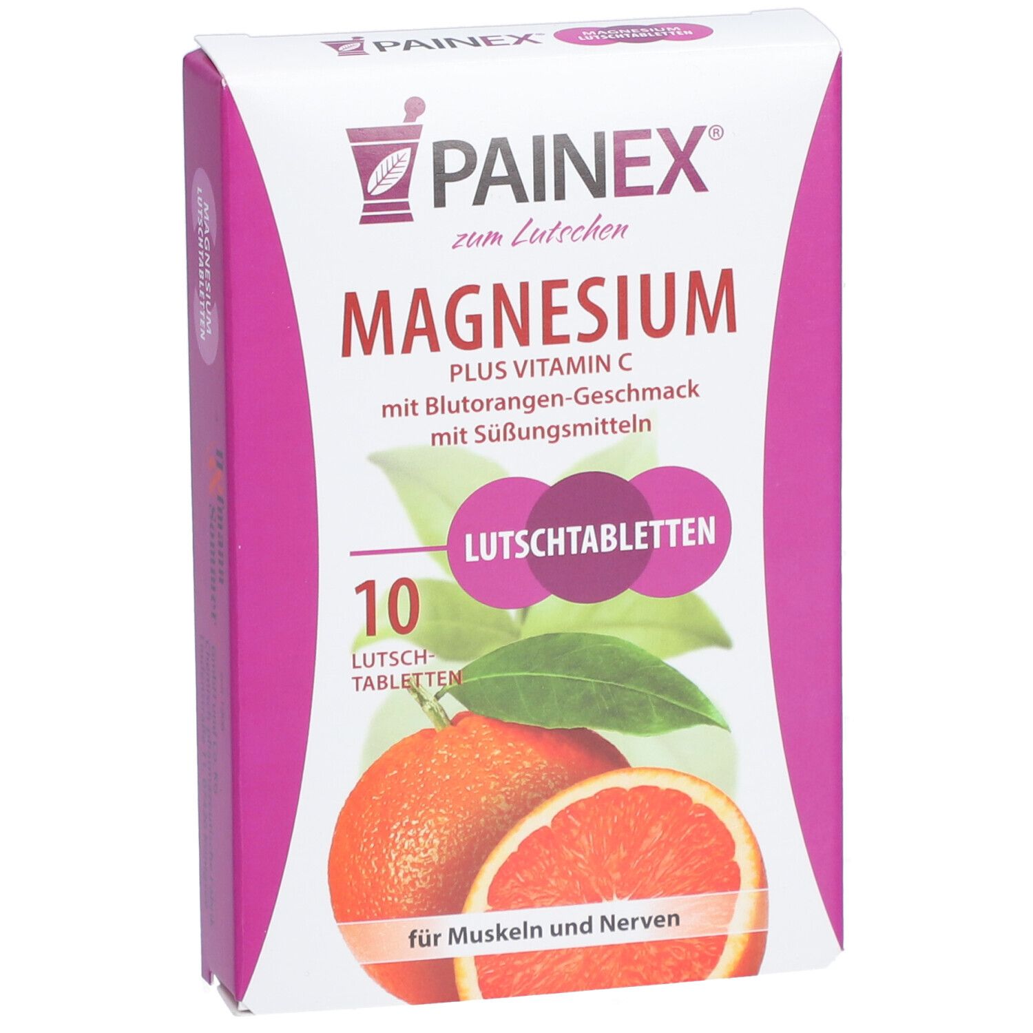 PAINEX® MAGNESIUM + Vitamin C Verpackung. Zeigt Produktnamen, Orange und Tablettenanzahl.
