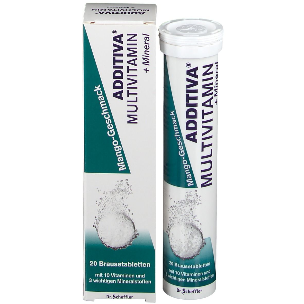 ADDITIVA Multivitamin + Mineral, goût mangue. Cylindre et emballage carton côte à côte.