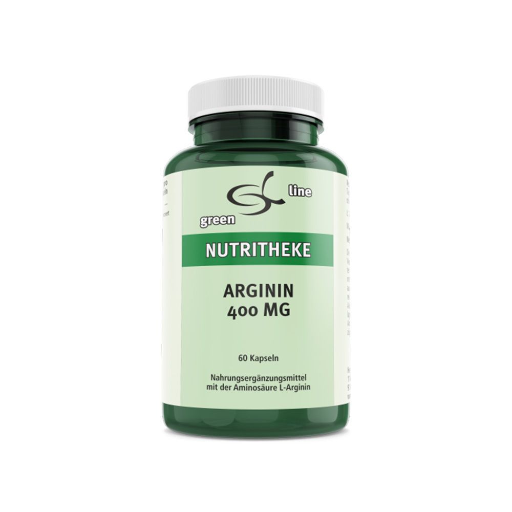 Grüne Flasche mit weißen Kapseln. Aufschrift: green line NUTRITHEKE ARGININ 400 mg. 60 Kapseln.