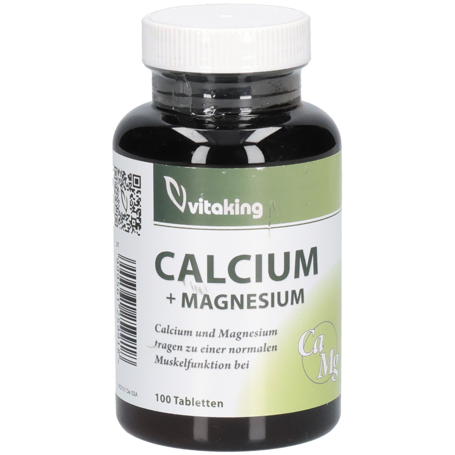 Braune Flasche mit weißem Deckel. Aufschrift: Calcium + Magnesium, 100 Tabletten. Marke: Vitaking.