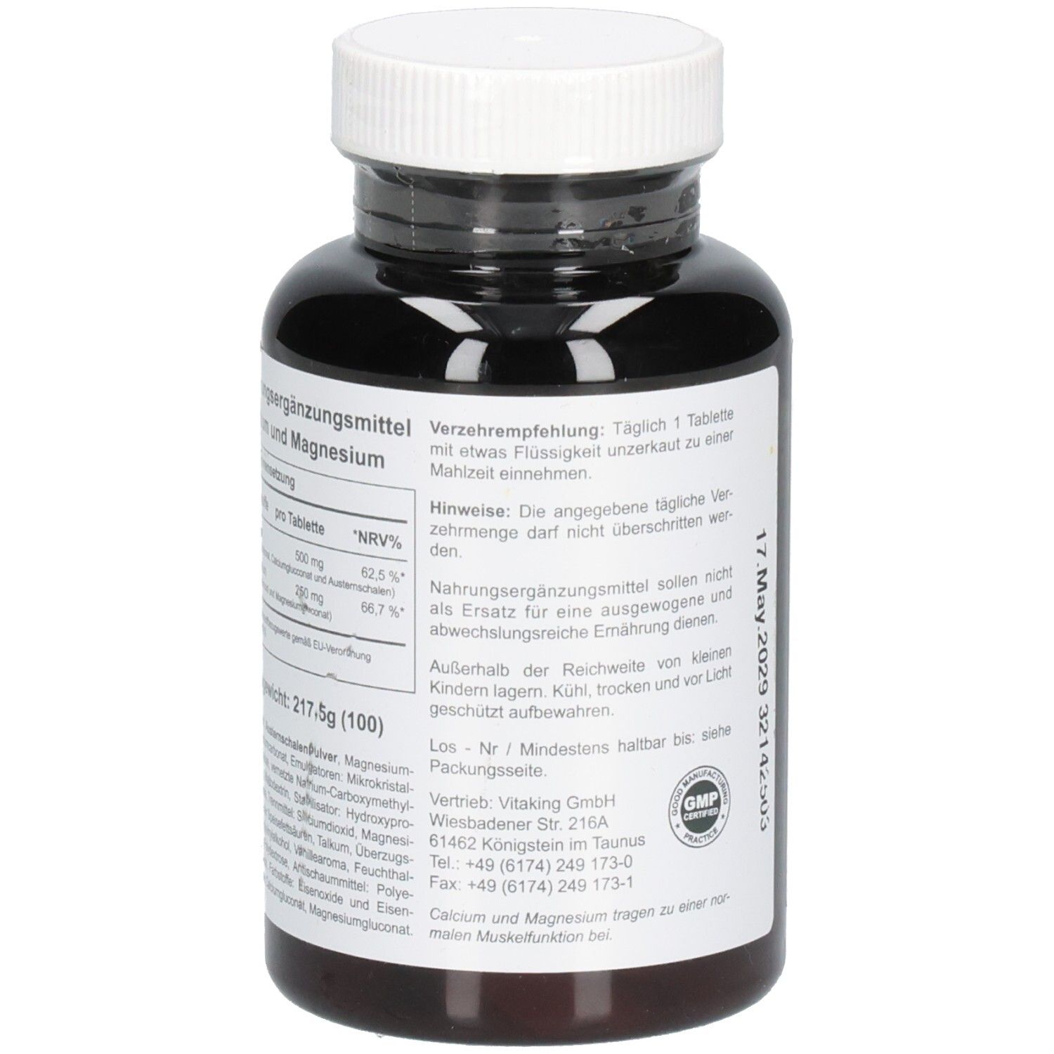 Rückseite der Flasche. Aufschrift: Calcium + Magnesium. Nährwertangaben, Inhaltsstoffe, GMP-Siegel. Herstelleradresse.
