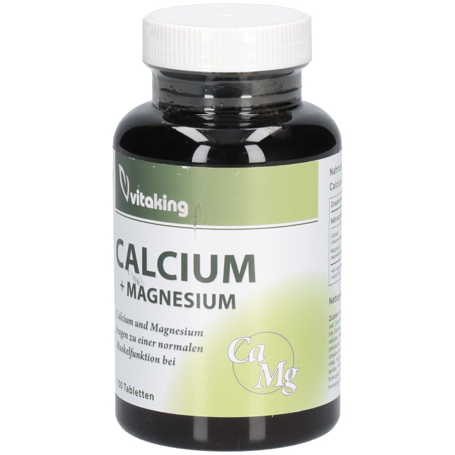 Braune Flasche mit weißem Deckel. Aufschrift: Calcium + Magnesium. Marke: Vitaking. Ca Mg Symbol.