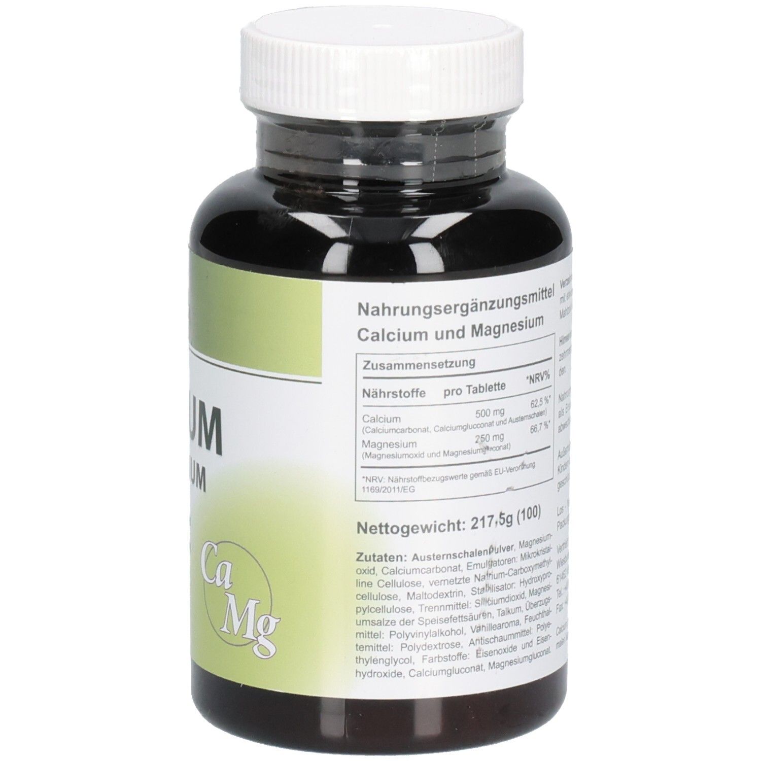 Rückseite der Flasche. Aufschrift: Calcium + Magnesium. Nährwertangaben, Inhaltsstoffe. Ca Mg Symbol.
