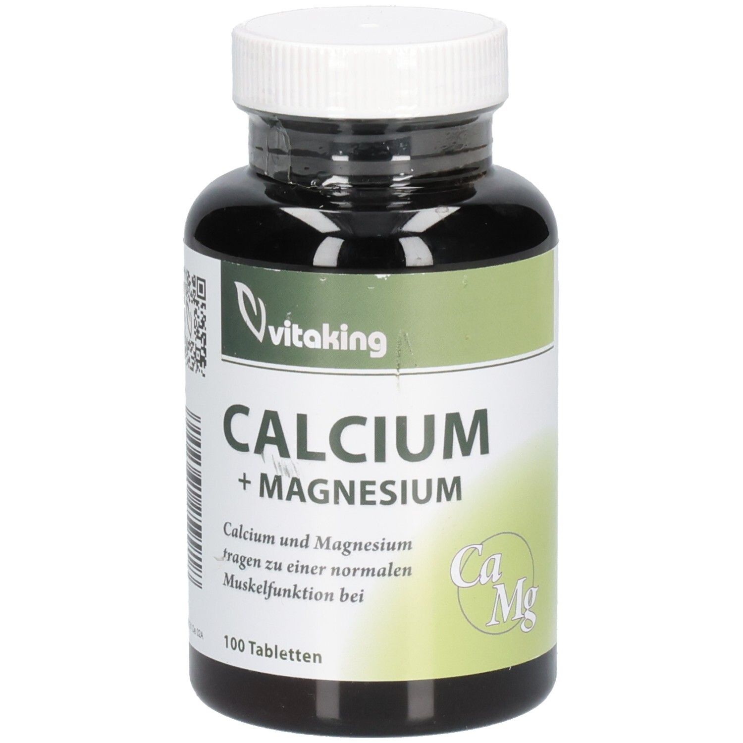 Braune Flasche mit weißem Deckel. Aufschrift: Calcium + Magnesium, 100 Tabletten. Marke: Vitaking.