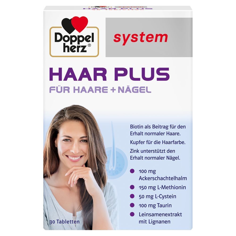 Boîte de Doppelherz HAAR PLUS. Contient des comprimés pour les cheveux et les ongles. Femme sur l'emballage.