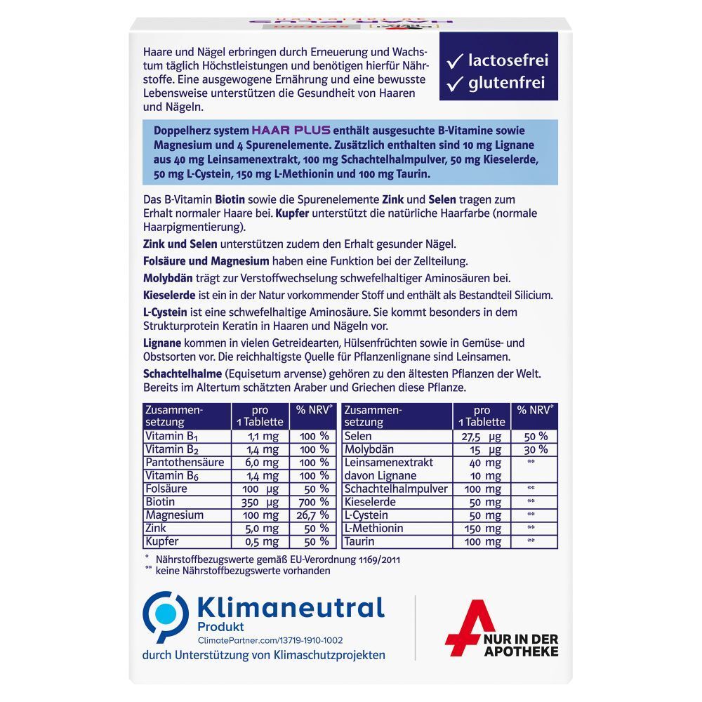 Dos de l'emballage Doppelherz HAAR PLUS. Contient des informations sur les ingrédients et les valeurs nutritionnelles.