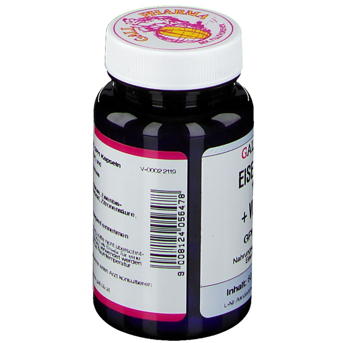 Dunkelblaue Flasche mit weißem Deckel. Aufschrift: Eisen Chelat 14 mg + Vitamin C. GPH Kapseln. Barcode.