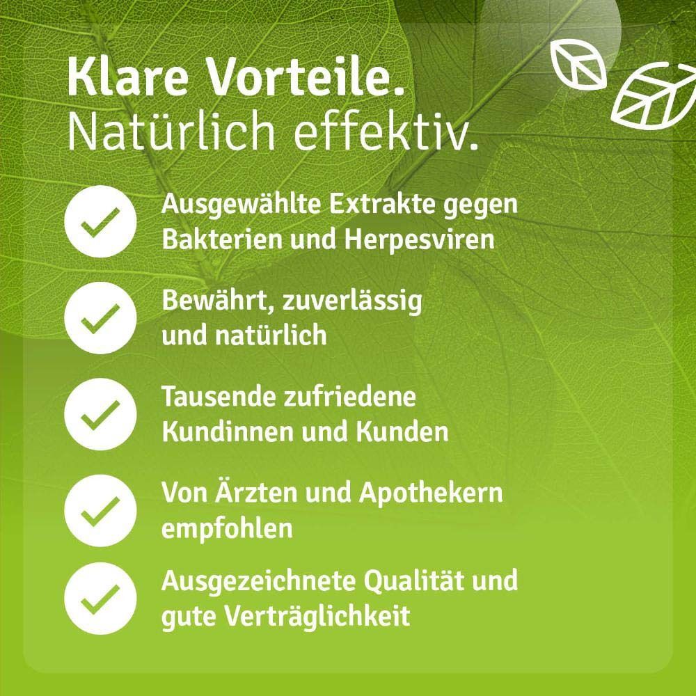 Text: Ausgewählte Extrakte gegen Bakterien und Herpesviren, bewährt, zuverlässig und natürlich, tausende zufriedene Kunden. Von Ärzten empfohlen.