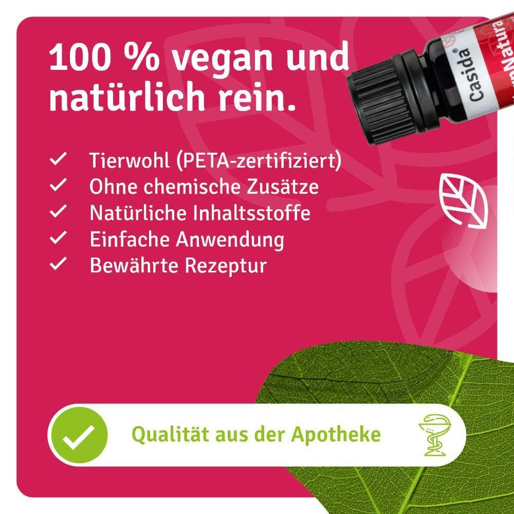 Text: 100 % vegan und natürlich rein. Tierwohl (PETA-zertifiziert), ohne chemische Zusätze, natürliche Inhaltsstoffe, einfache Anwendung.