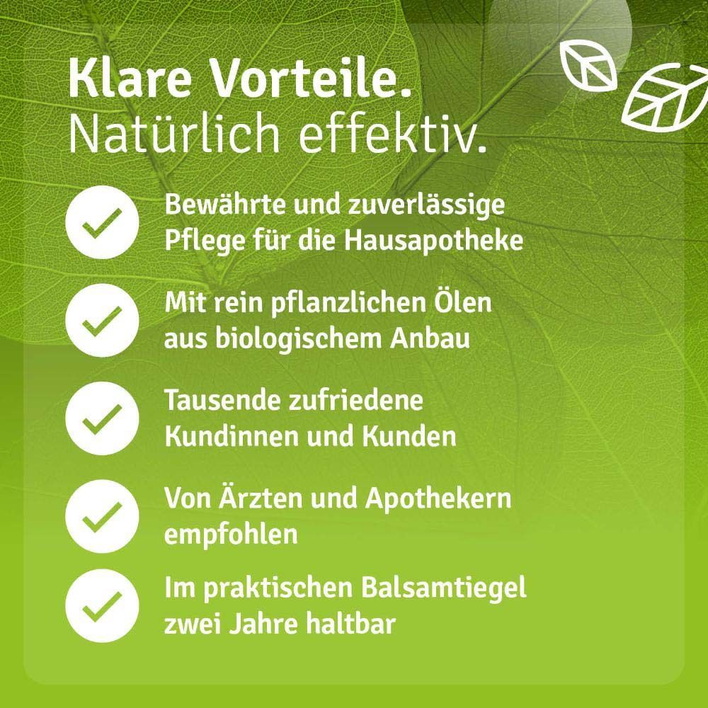 Produkt-Tiegel mit grünen Hintergründen. Aufschrift: Casida Thymianbalsam mit Myrte. Pflegebalsam mit natürlichen Ölen. 25g. Vorteile: Pflege für Hausapotheke.