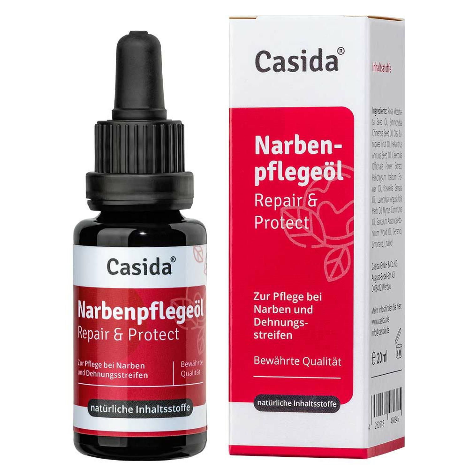 Braune Glasflasche mit schwarzem Tropfer und weißer Verpackung. Aufschrift: Narbenpflegeöl Repair & Protect.