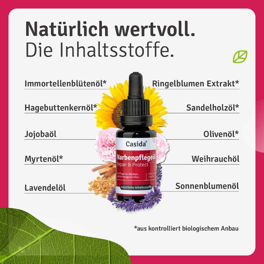 Abbildung der Inhaltsstoffe des Narbenpflegeöls. Verschiedene Blüten und Öle, Flasche mit Pipette.
