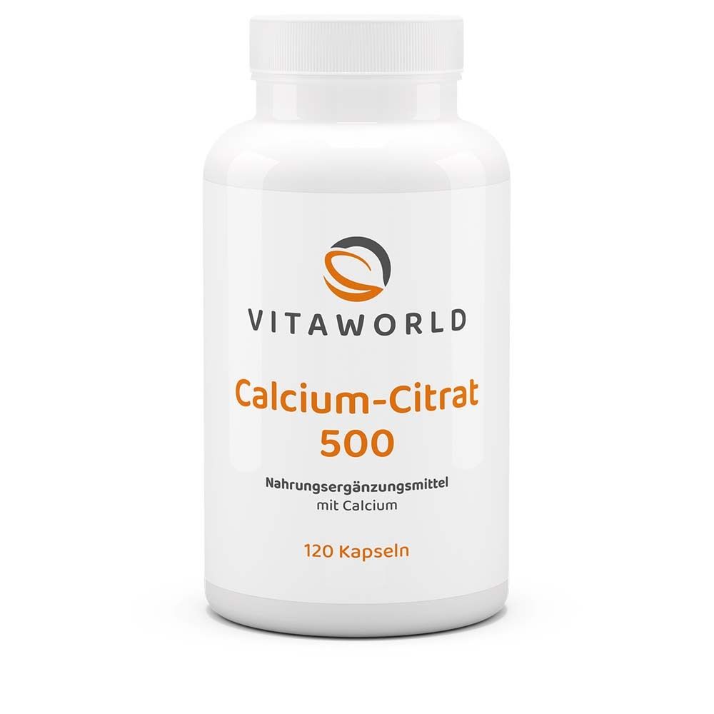 Weiße Flasche mit "VITAWORLD"-Logo und "Calcium-Citrat 500". Enthält 120 Kapseln. Nahrungsergänzungsmittel mit Calcium.