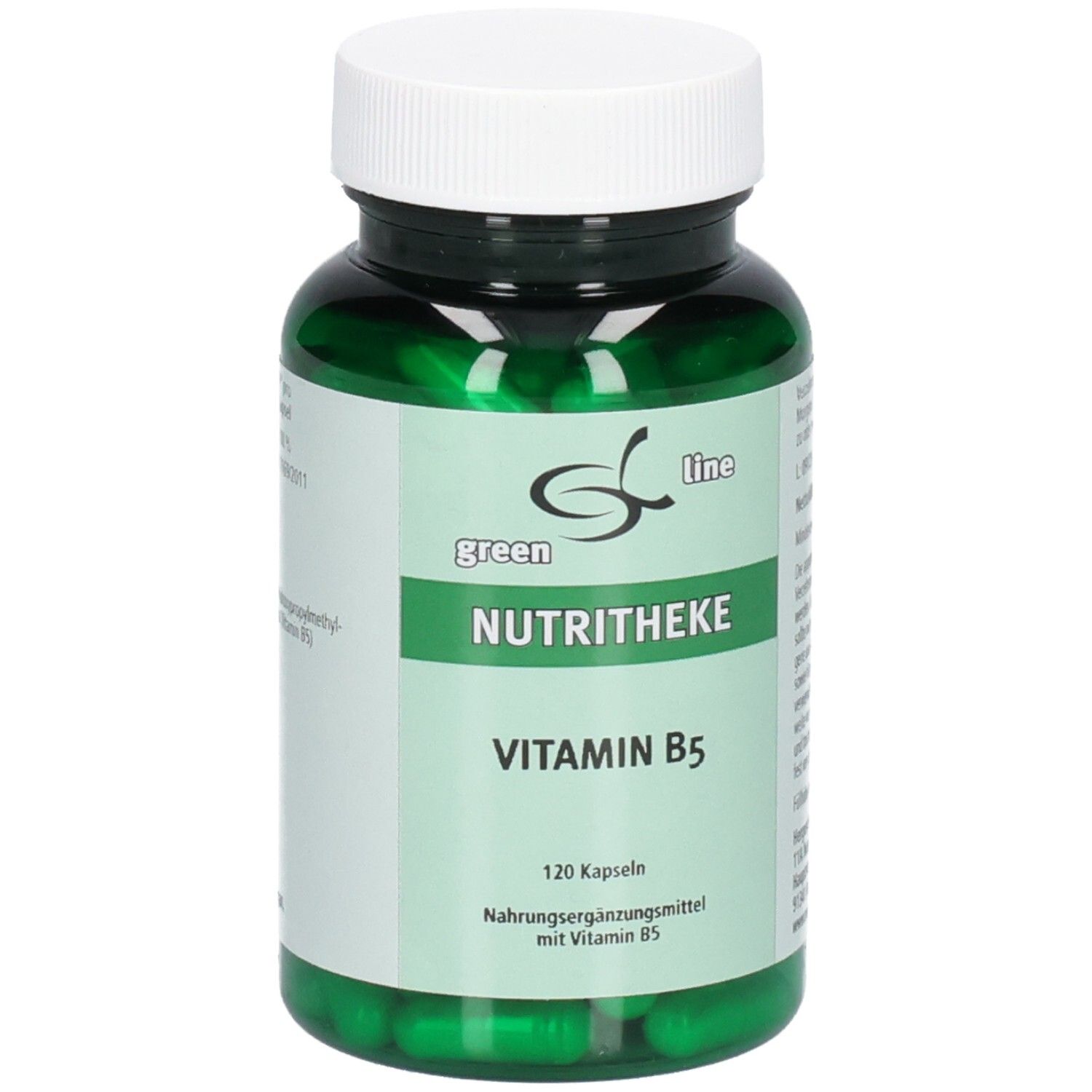 Grüne Kapseln in einer grünen Flasche mit weißem Deckel. Aufschrift: green line NUTRITHEKE Vitamin B5. 120 Kapseln.