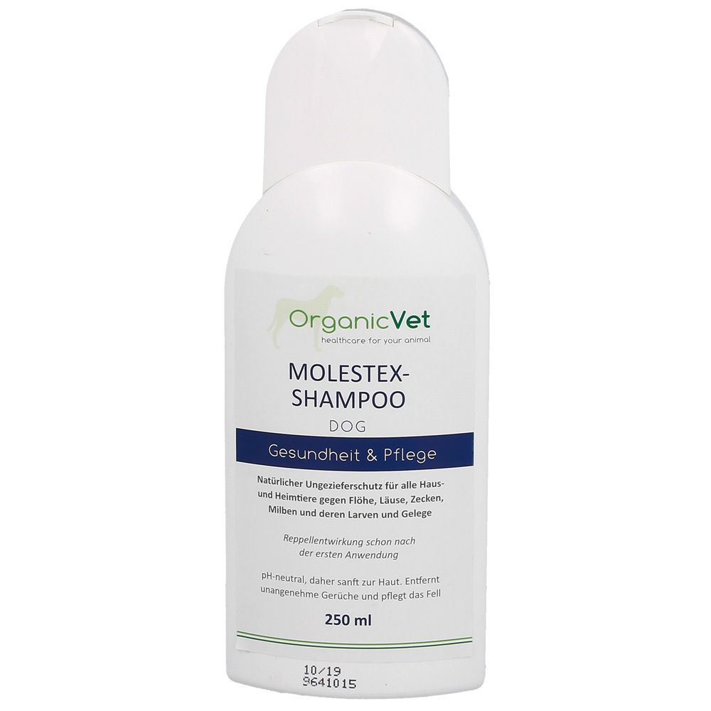 Weiße Flasche mit grünem Logo und blauer Schrift. Text: OrganicVet, Molestex-Shampoo, Dog, Gesundheit & Pflege. 250 ml.