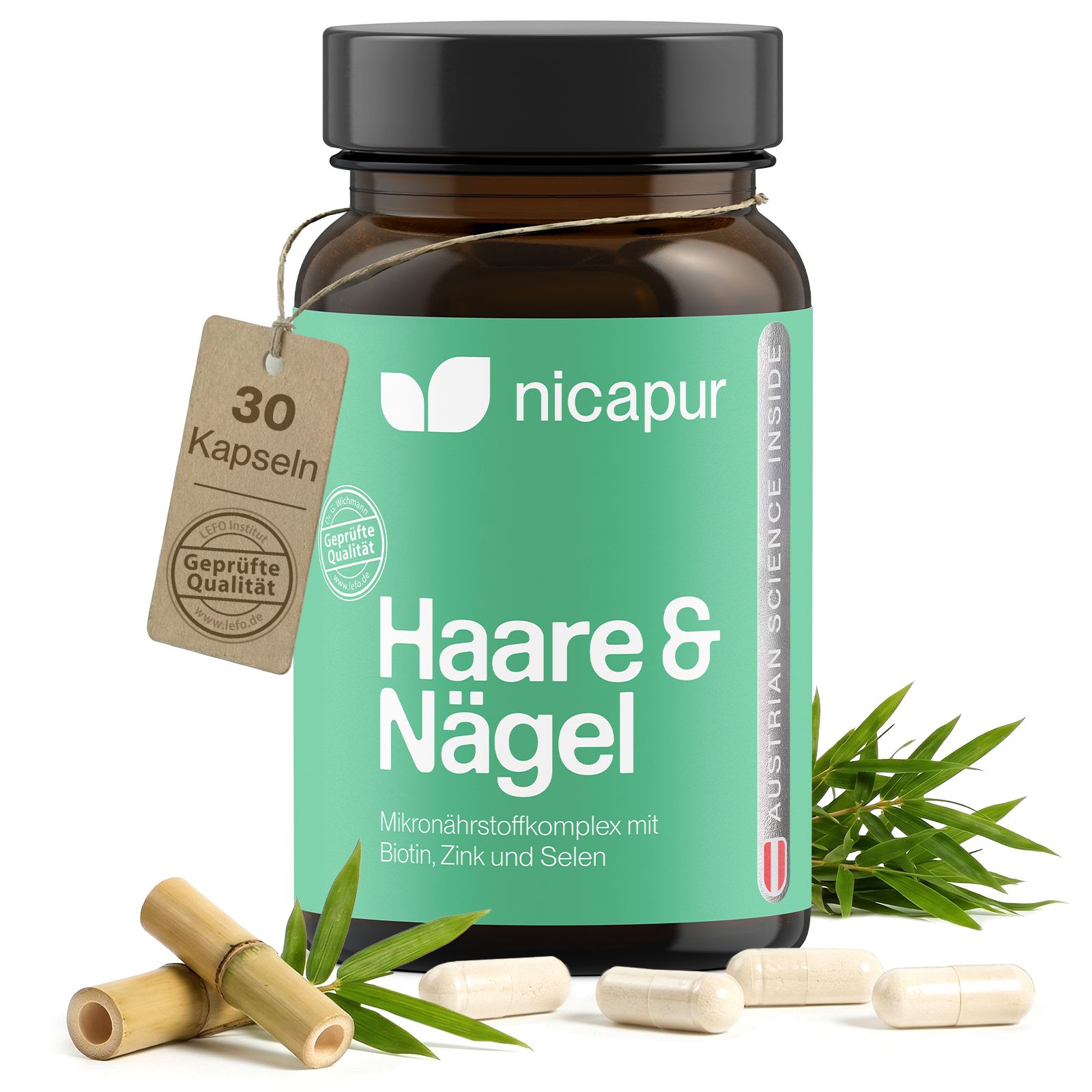 Nicapur Haare & Nägel Mikronährstoffkomplex in Flasche mit Etikett, Anhänger und Kapseln.