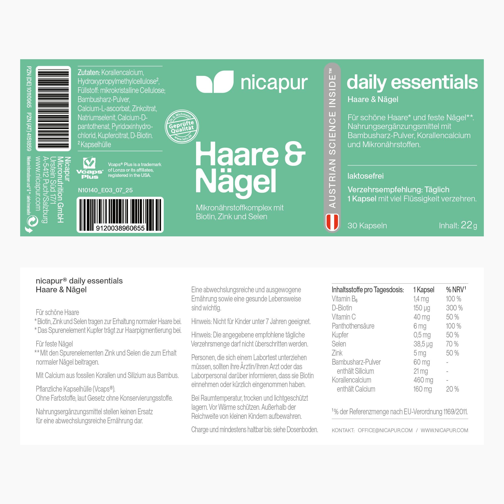 Nicapur Haare & Nägel Kapseln: Nahrungsergänzungsmittel mit Biotin, Zink und Selen. 30 Kapseln.