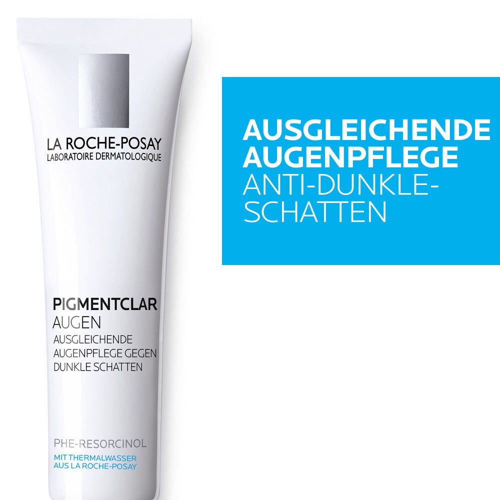 Weiße Tube mit Aufschrift: La Roche-Posay, Pigmentclar Augen. Blaue Schrift: Ausgleichende Augenpflege gegen dunkle Schatten.