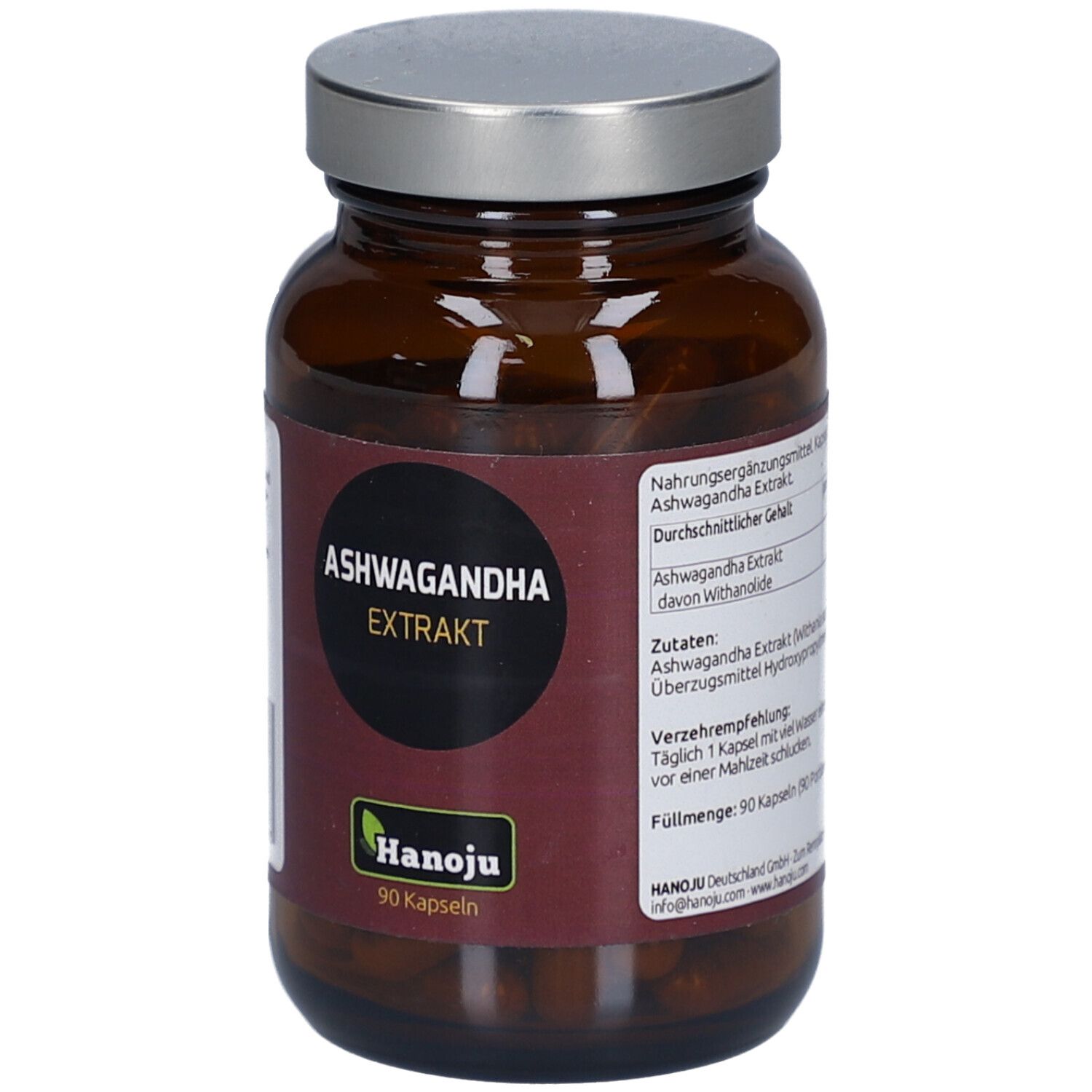 Braune Glasflasche mit silbernem Deckel. Aufschrift: ASHWAGANDHA EXTRAKT. Marke: Hanoju. 90 Kapseln.
