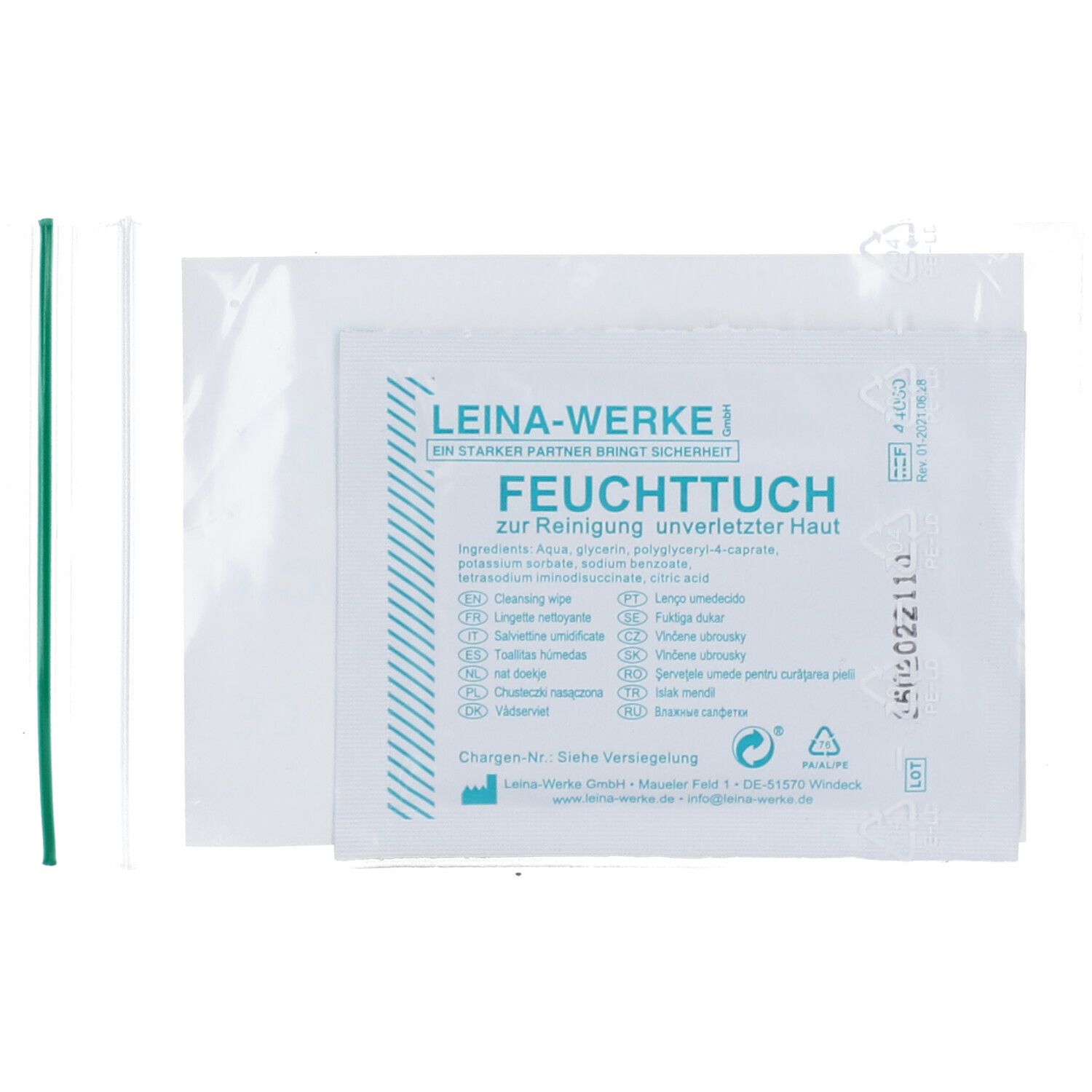 Verpackung mit einem feuchten Tuch zur Hautreinigung, inklusive Beipackzettel.