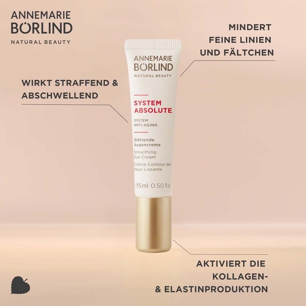 Tube de crème. Texte: ANNEMARIE BÖRLIND, SYSTEM ABSOLUTE, Crème Contour des Yeux Lissante. Éléments textuels.
