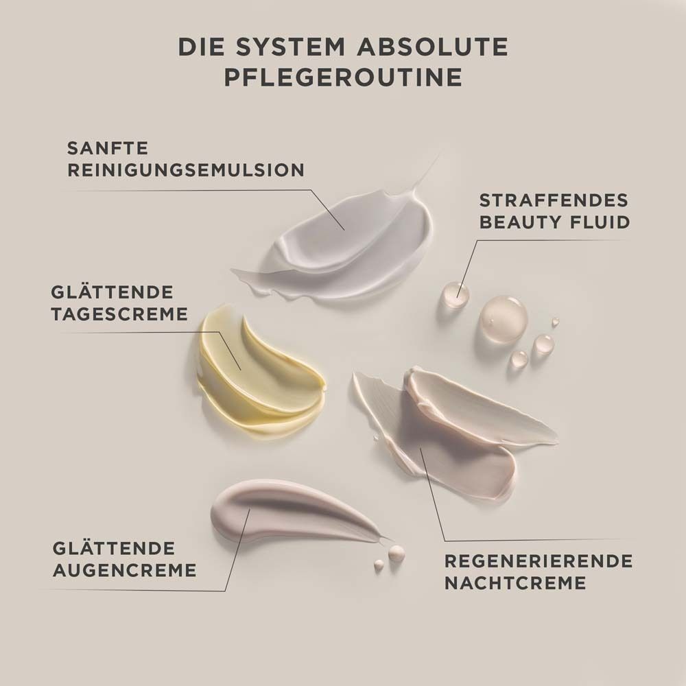 Arrangement de produits. Crèmes, émulsions. Texte: Crème de jour lissante, Crème de nuit régénérante.