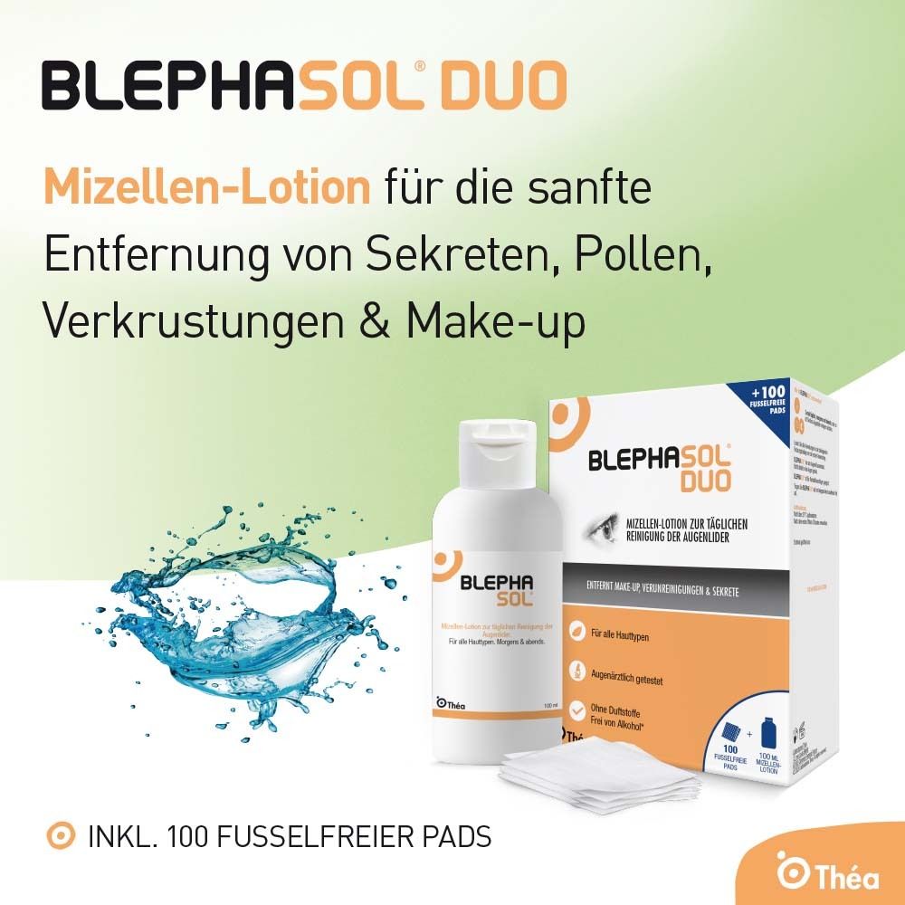 Boîte Blephasol Duo avec flacon et carrés. Texte : Lotion micellaire pour l'élimination douce des sécrétions, pollens, croûtes et maquillage.