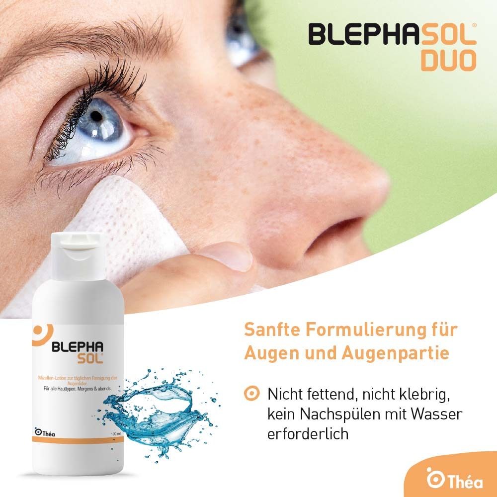 Flacon Blephasol Sol. Texte : Formulation douce pour les yeux et le contour des yeux. Non gras, non collant, pas besoin de rincer à l'eau.