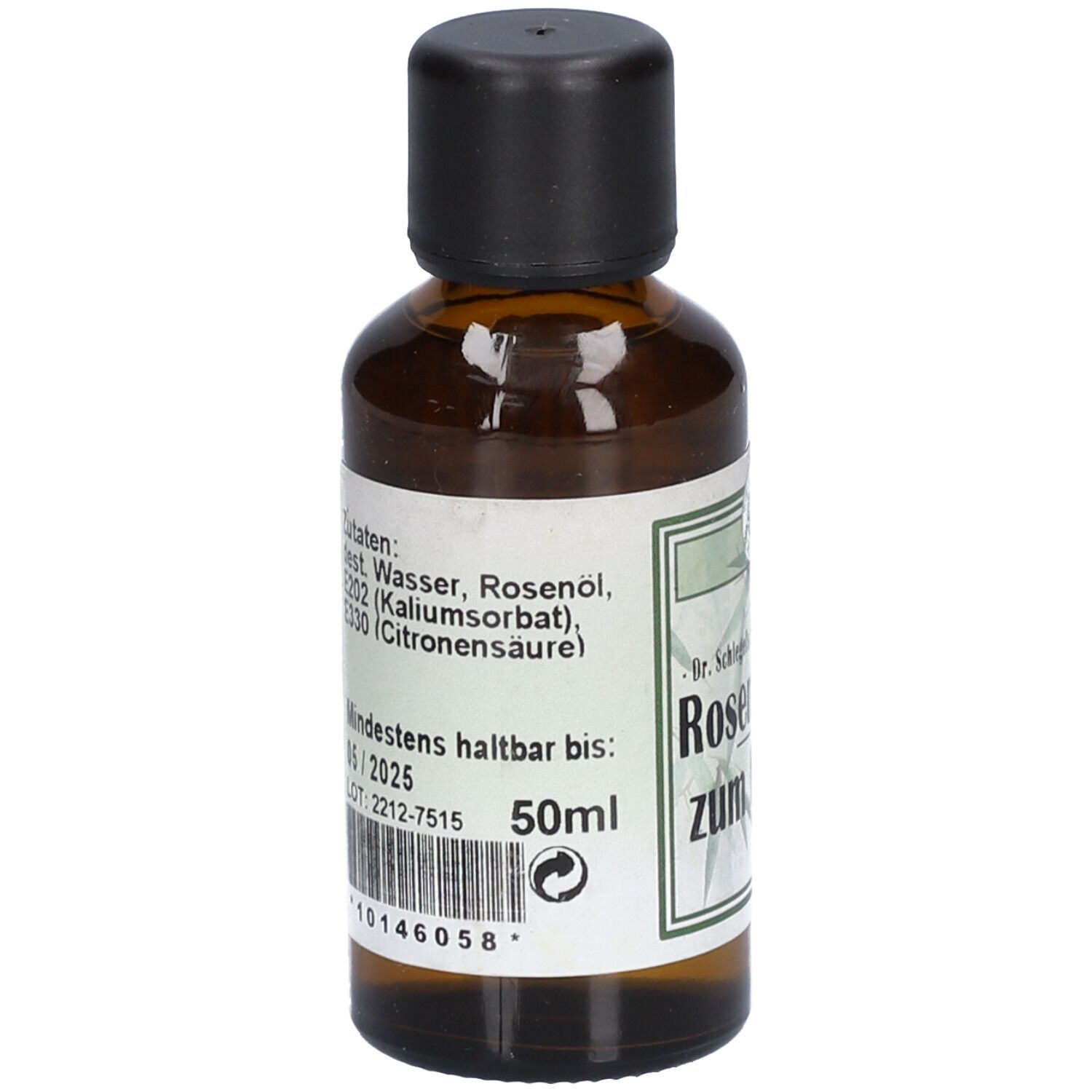 Rückseite einer Flasche Rosenwasser zum Backen mit Zutatenliste und Mindesthaltbarkeitsdatum.