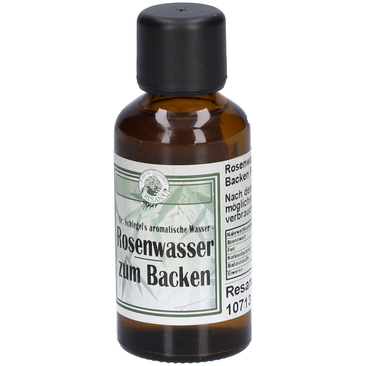 Flasche Rosenwasser zum Backen mit Etikett, das Bambusblätter und Produktinformationen zeigt.