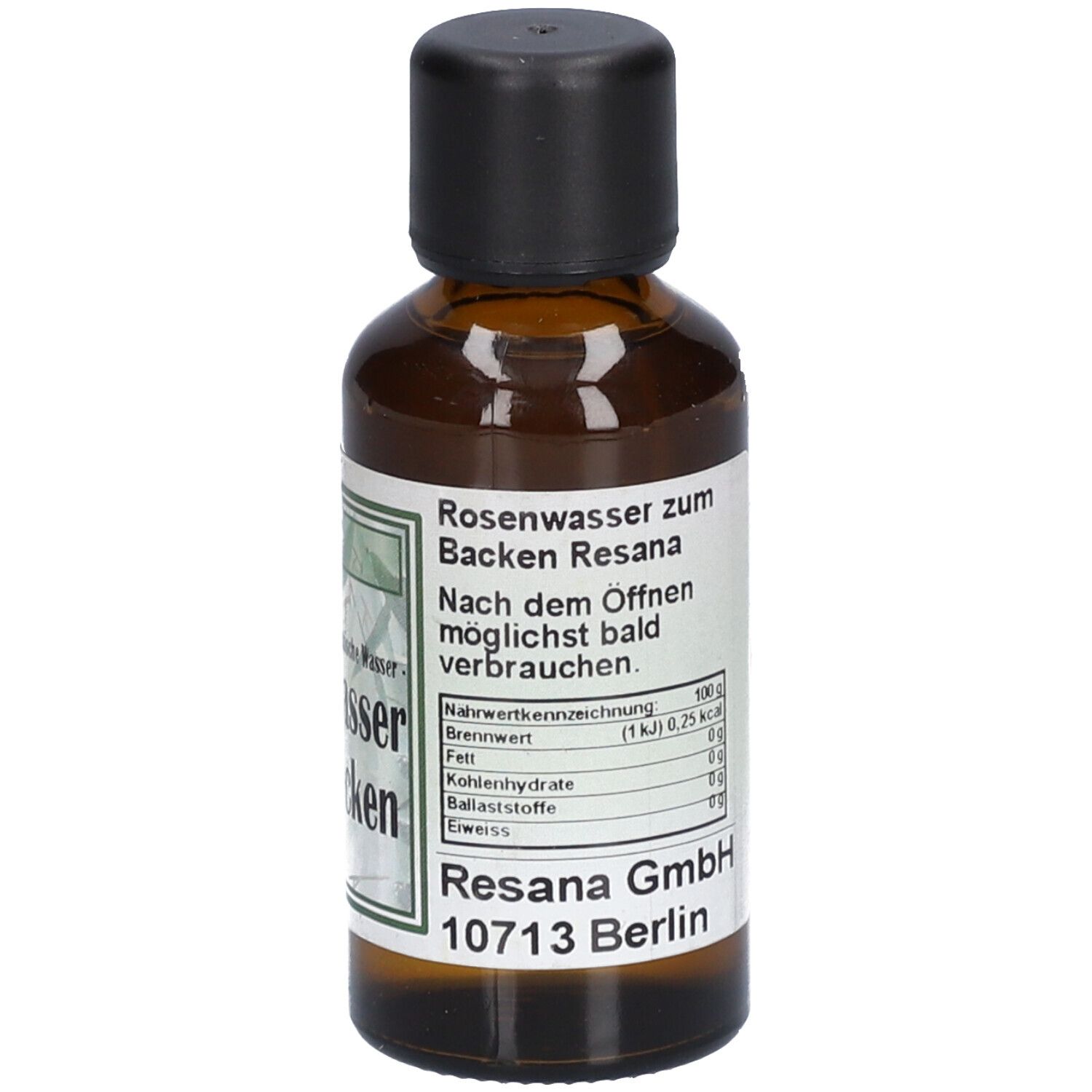 Etikett auf einer Flasche Rosenwasser zum Backen mit Nährwerttabelle und Herstellerangaben.