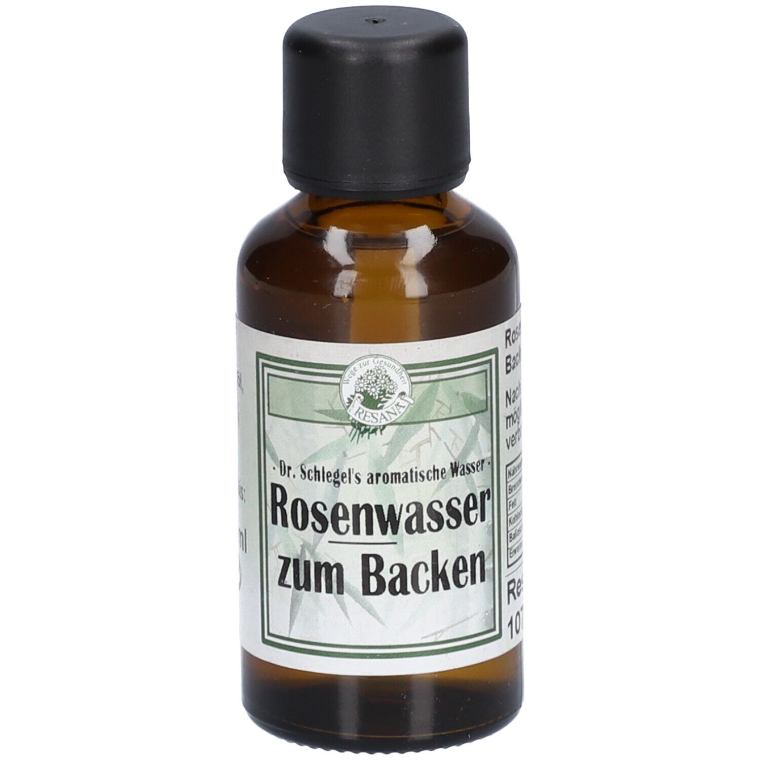 Flasche Rosenwasser zum Backen mit Etikett, das Bambusblätter und Produktinformationen zeigt.