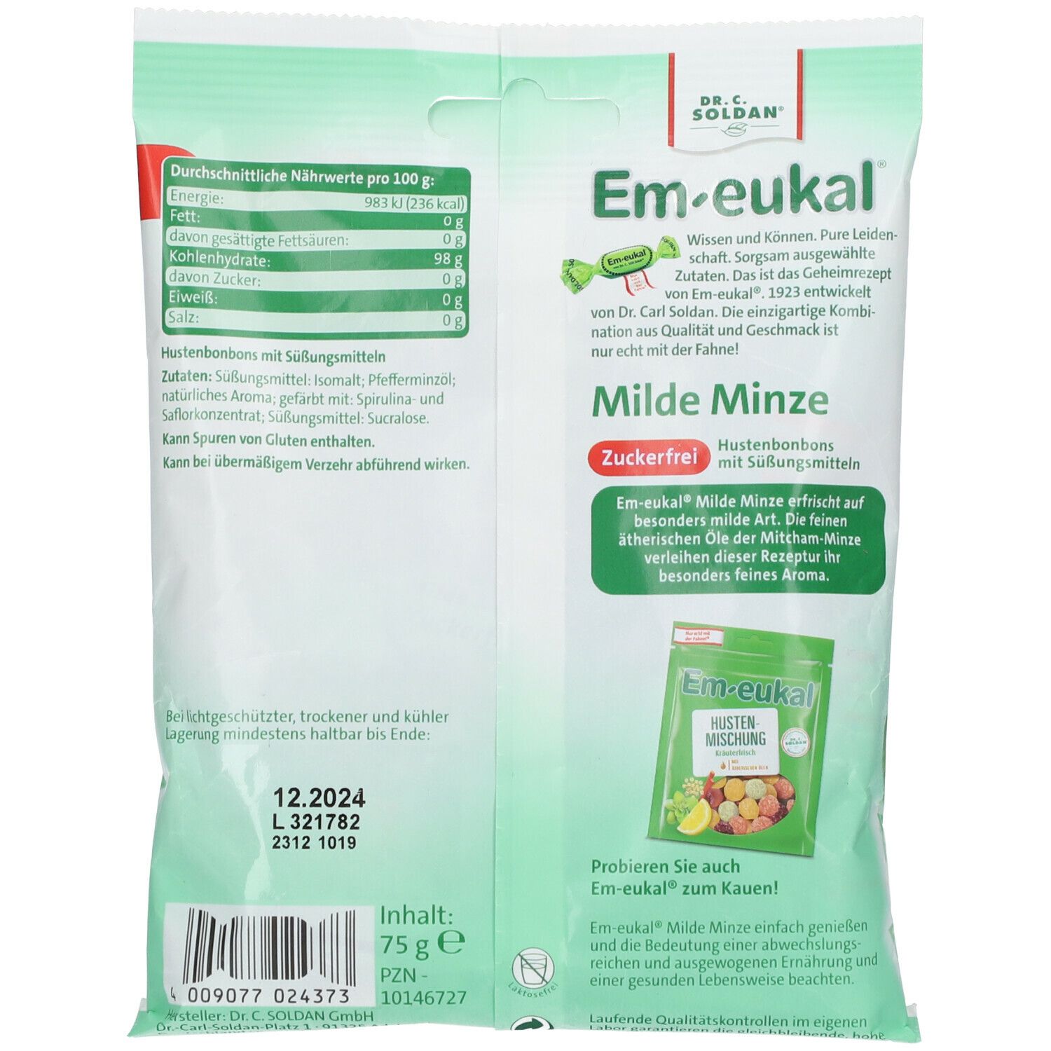 Verpackung von Em-eukal Milde Minze Hustenbonbons. Grün-weißes Design mit Produktnamen und Logo. Enthält 75g.