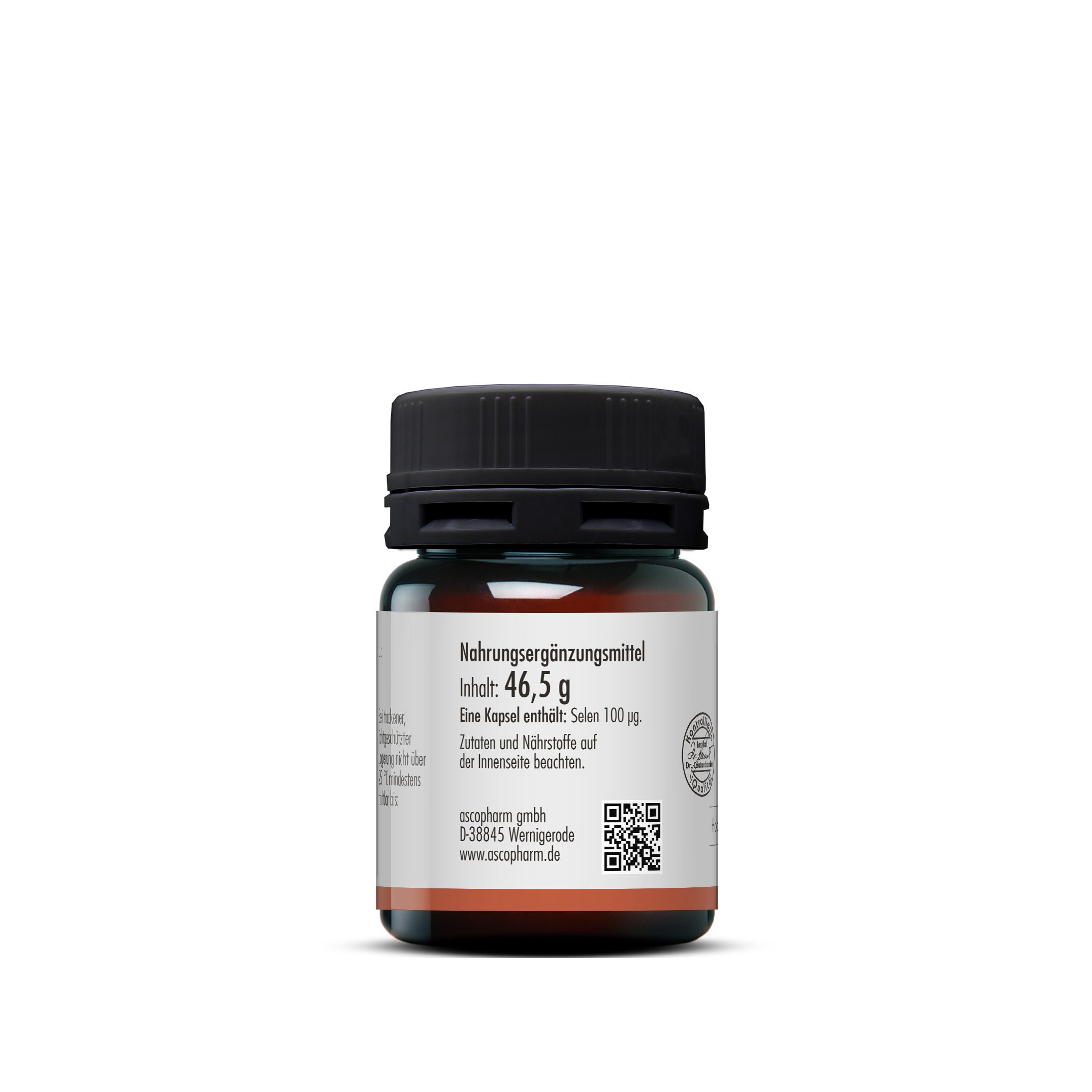Dos du flacon. Étiquette avec informations nutritionnelles, 46,5 g, Sélénium 100 µg. Code QR et informations fabricant.