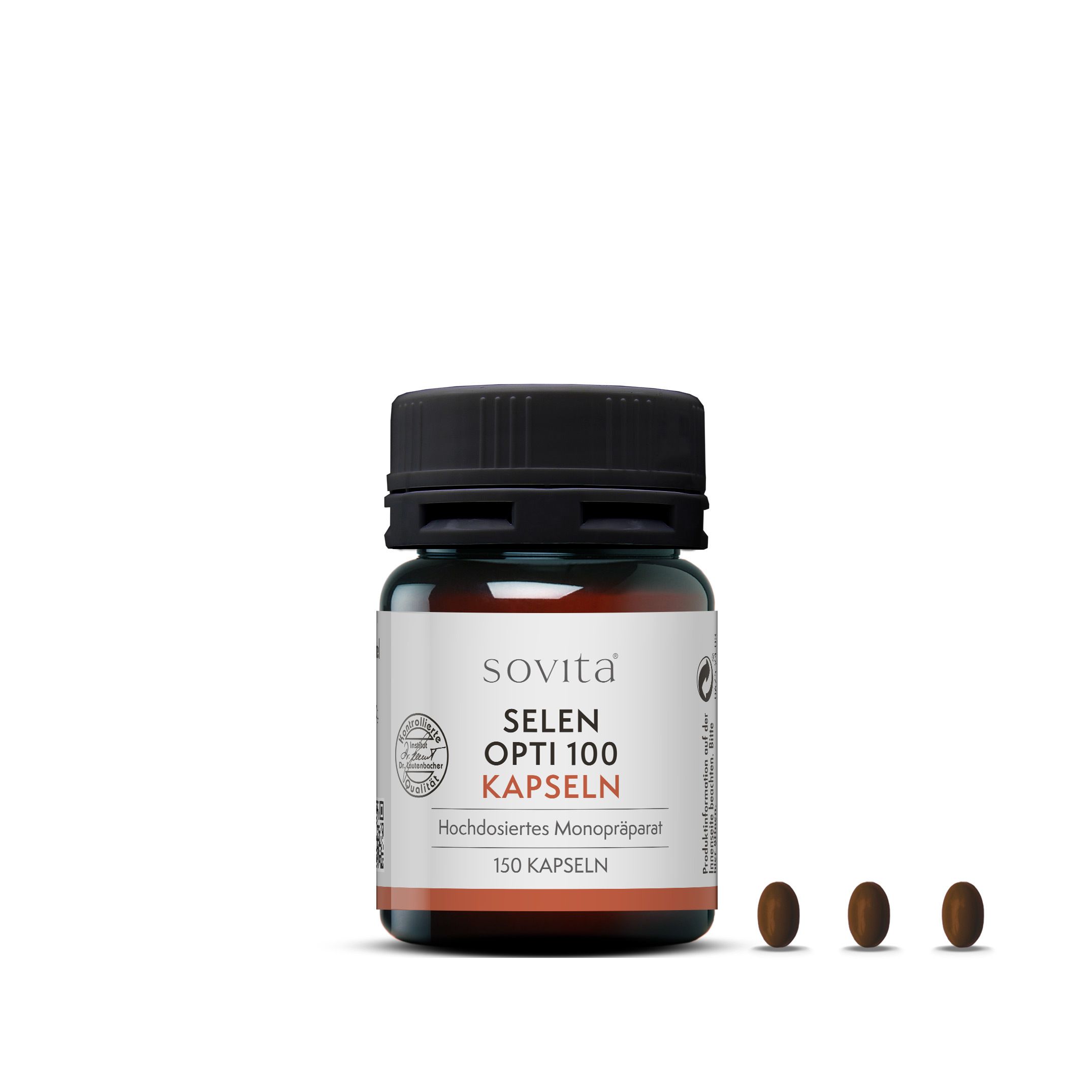 Flacon brun avec bouchon noir et trois gélules brunes à côté. Étiquette avec sovita, SELEN OPTI 100 KAPSELN.