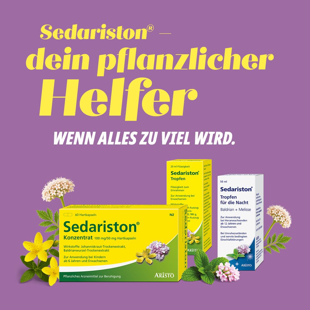 Verschiedene Sedariston Produkte. Text: Dein pflanzlicher Helfer, wenn alles zu viel wird.