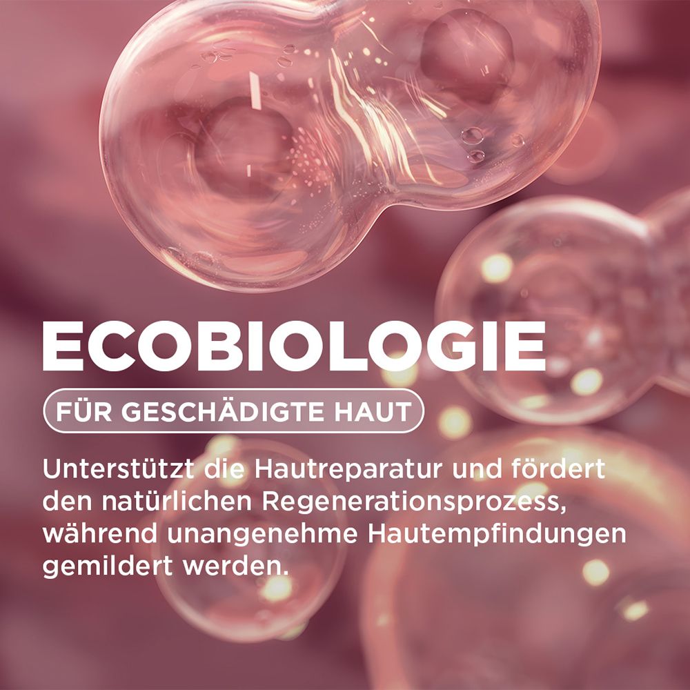 Abstrakte Darstellung von Hautzellen mit Text "ECOBIOLOGIE FÜR GESCHÄDIGTE HAUT".