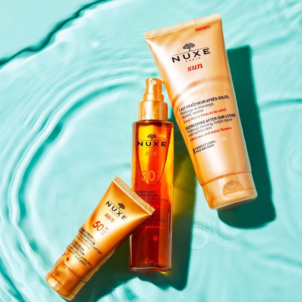 Produits NUXE Sun. Crème solaire, lotion après-soleil et huile solaire. Différentes tailles et formes.