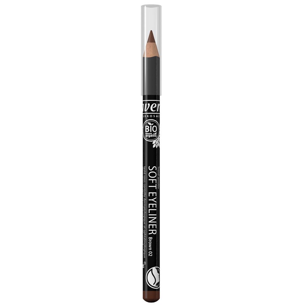 Brauner Soft Eyeliner mit transparenter Kappe. Aufschrift: lavera, Soft Eyeliner, Brown 02, Bio-Siegel. Stift mit brauner Mine.