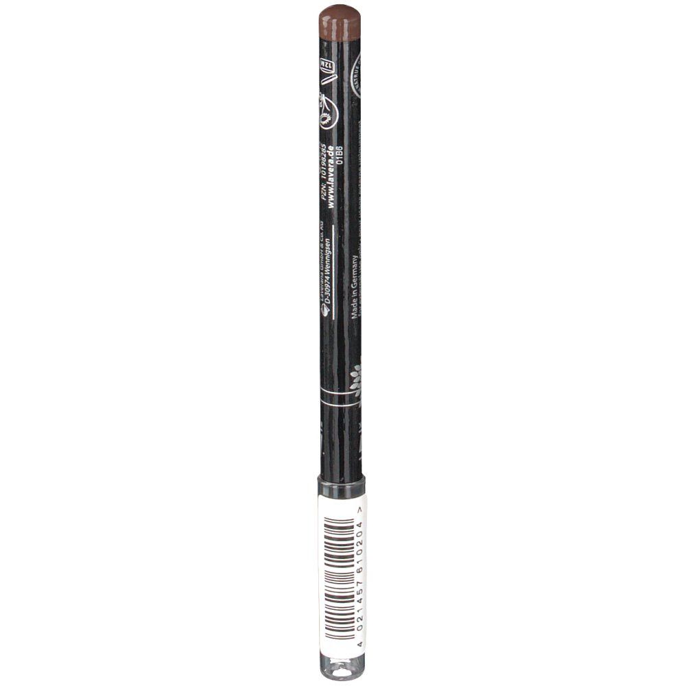 Brauner Eyeliner-Stift. Schwarzer Stift mit weißen Aufschriften. Barcode am unteren Ende. Aufschrift: lavera, Soft Eyeliner.