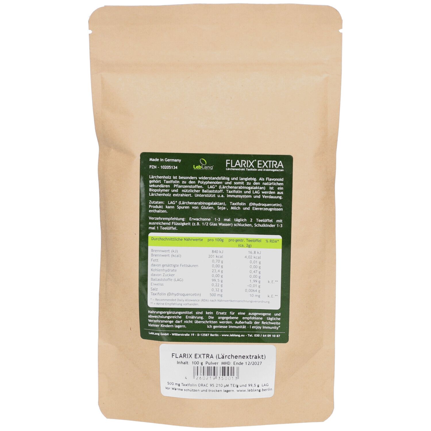 Dos du sachet FLARIX EXTRA. Texte avec ingrédients, informations nutritionnelles et fabricant. Emballage en papier brun.