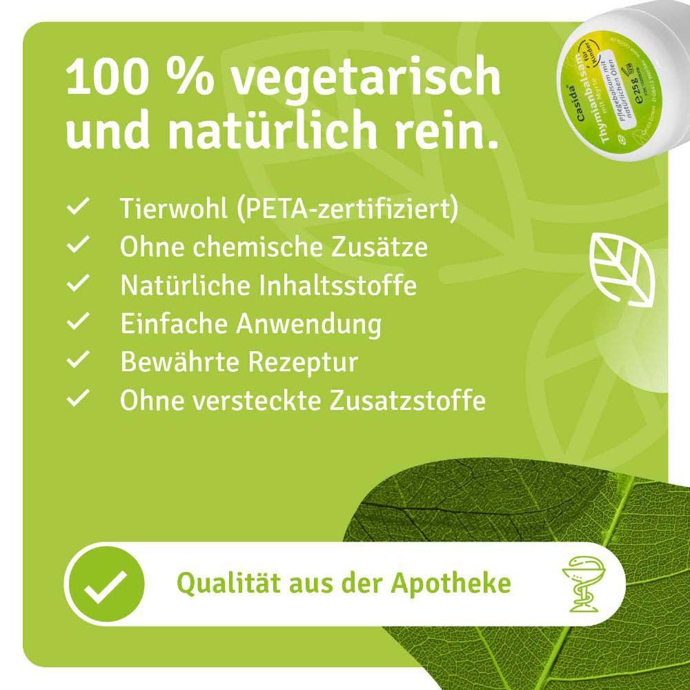 Produit avec texte. Casida Thymianbalsam mit Myrte für Kinder. 25g. 100% végétarien et naturellement pur. Qualité pharmacie.