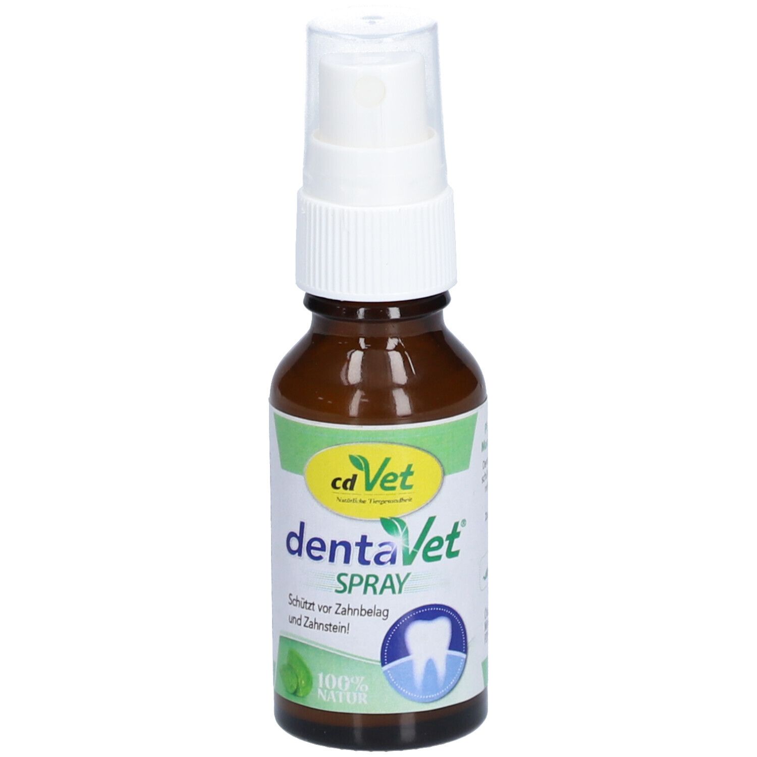 Braune Glasflasche mit weißem Sprühkopf. Etikett mit "cd Vet" und "dentaVet SPRAY". Abbildung eines Zahns. Text: "Schützt vor Zahnbelag und Zahnstein!"
