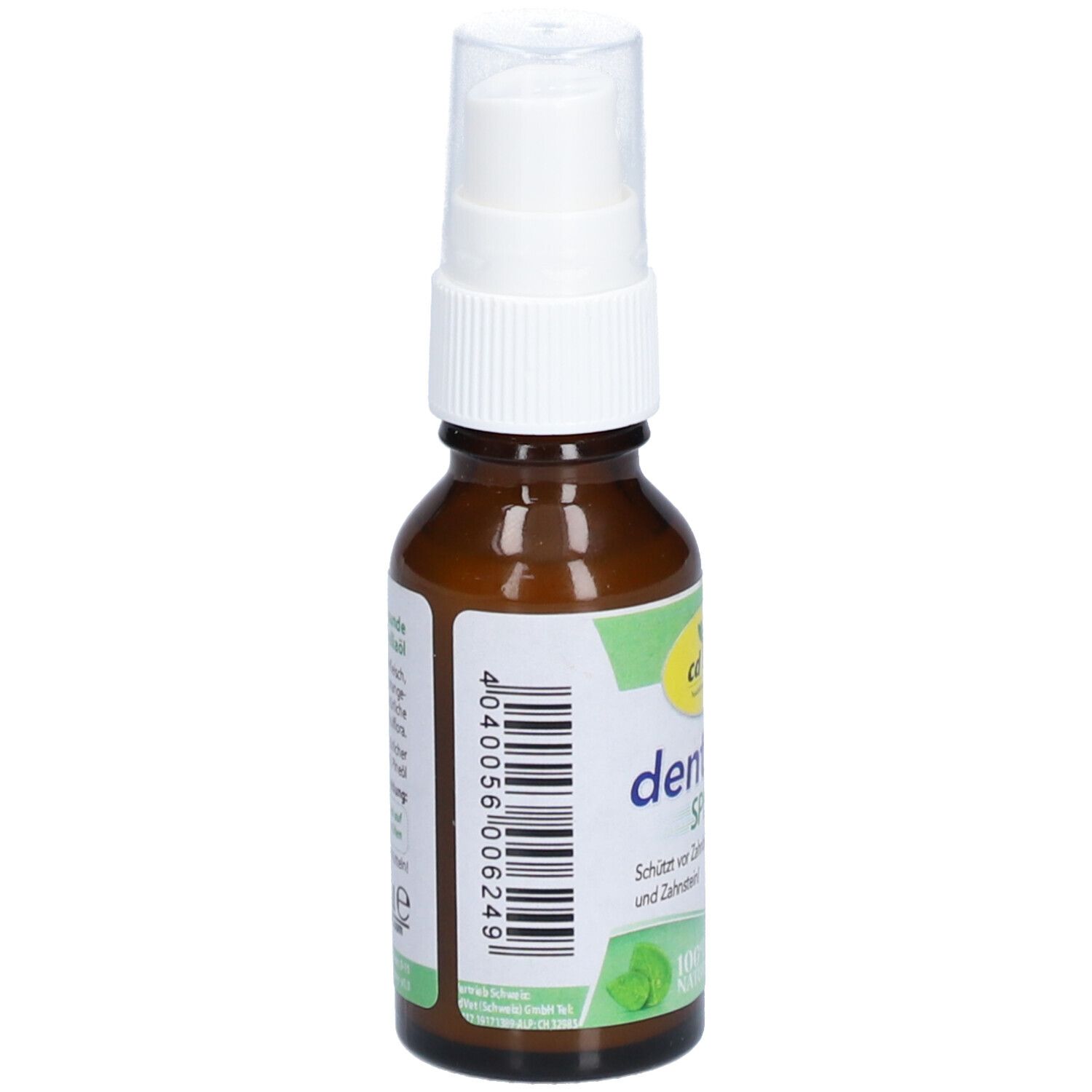 Braune Glasflasche mit weißem Sprühkopf. Rückseite mit Barcode und Text. "dentaVet SPRAY" und "Schützt vor Zahnbelag und Zahnstein!" sind sichtbar.