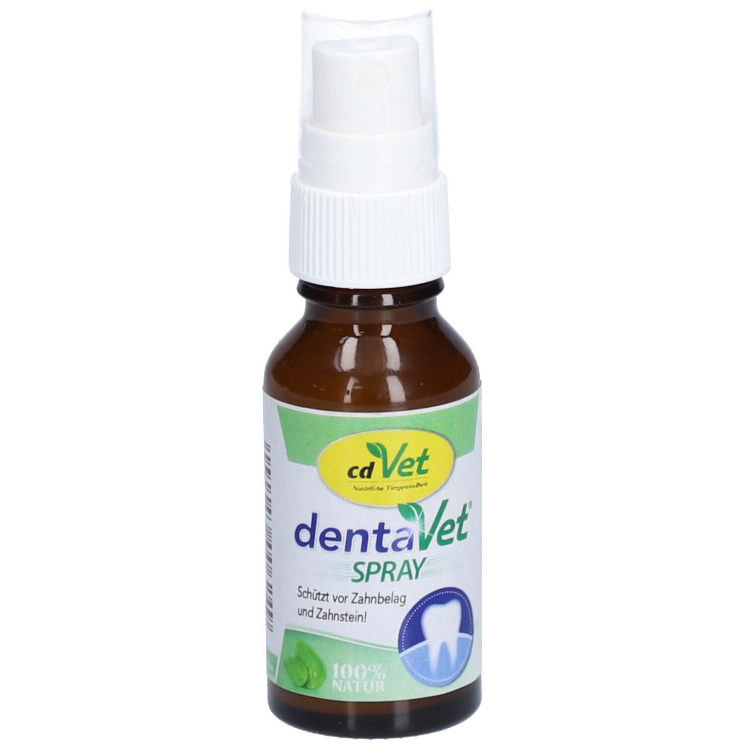 Braune Glasflasche mit weißem Sprühkopf. Etikett mit "cd Vet" und "dentaVet SPRAY". Abbildung eines Zahns. Text: "Schützt vor Zahnbelag und Zahnstein!"