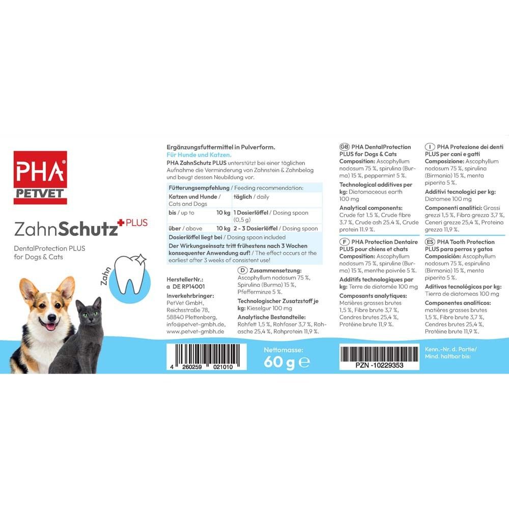 Weiße Dose, Vorderseite. Aufschrift: PHA PETVET ZahnSchutz PLUS. Abbildung von Hund und Katze. 60 g.